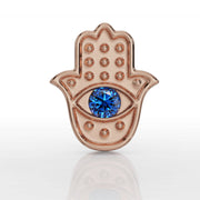 14k rose gold Hamsa evil eye threadless stud end with genuine sapphire center, front view