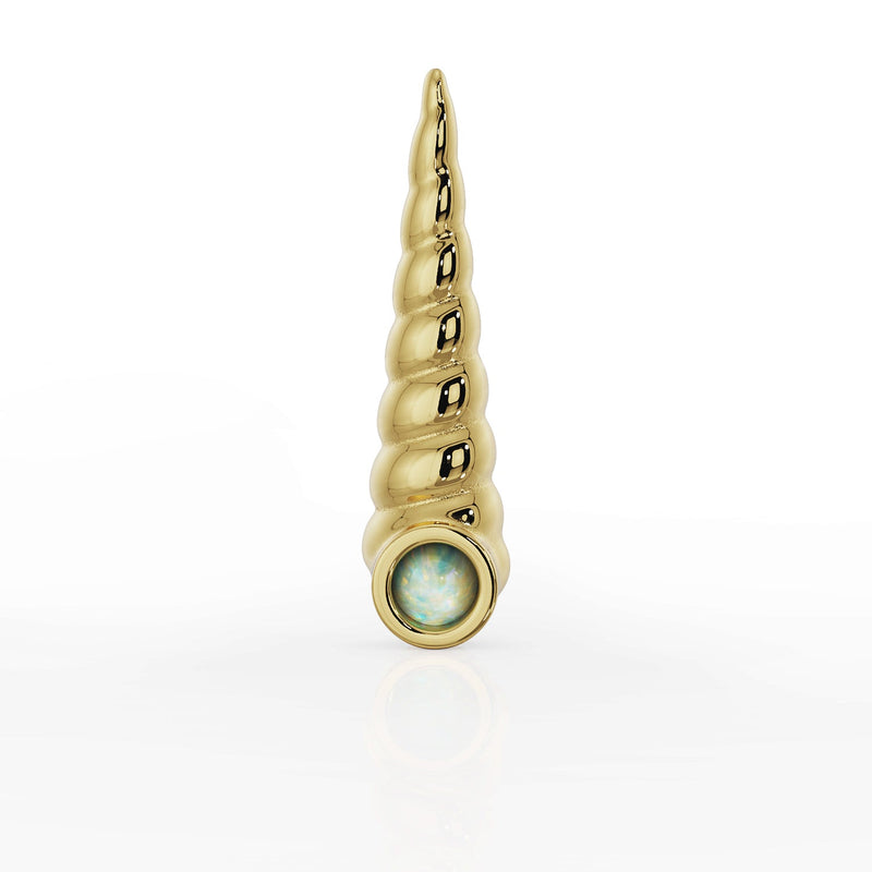 14k yellow gold opal unicorn horn threadless stud end with bezel-set genuine opal, front view