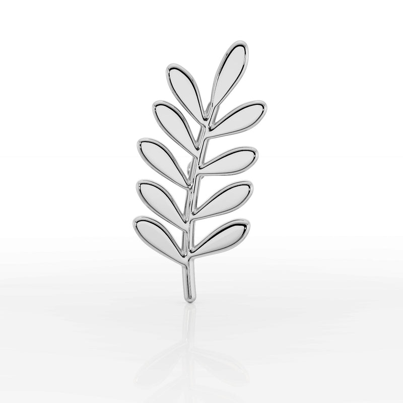14k white gold olive branch threadless end, angled view showing polished leaf detail and cool tone