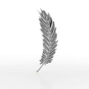 14k white gold feather threadless stud end, angled view with engraved barb detail and polished finish