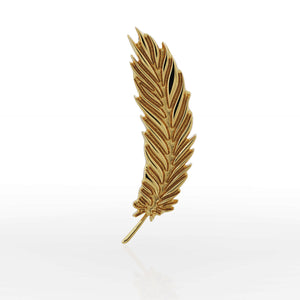 14k yellow gold feather threadless stud end, angled view showing detailed barb texture and polished shine
