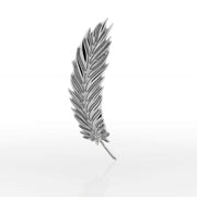 14k white gold feather push-pin stud end, closer front view showing sculpted barb texture and bright finish