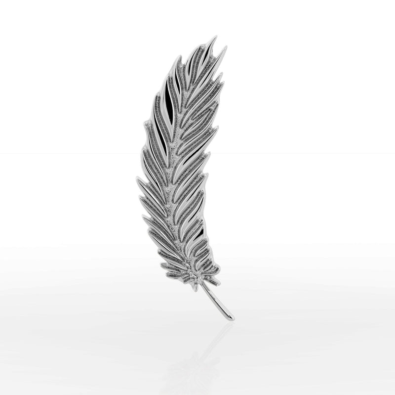14k white gold feather push-pin stud end, closer front view showing sculpted barb texture and bright finish