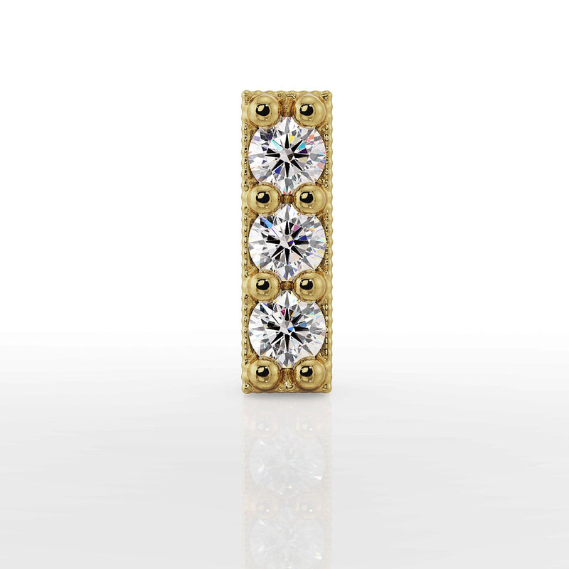 14k yellow gold trinity milgrain bar cartilage stud with three round CZ gems, front view