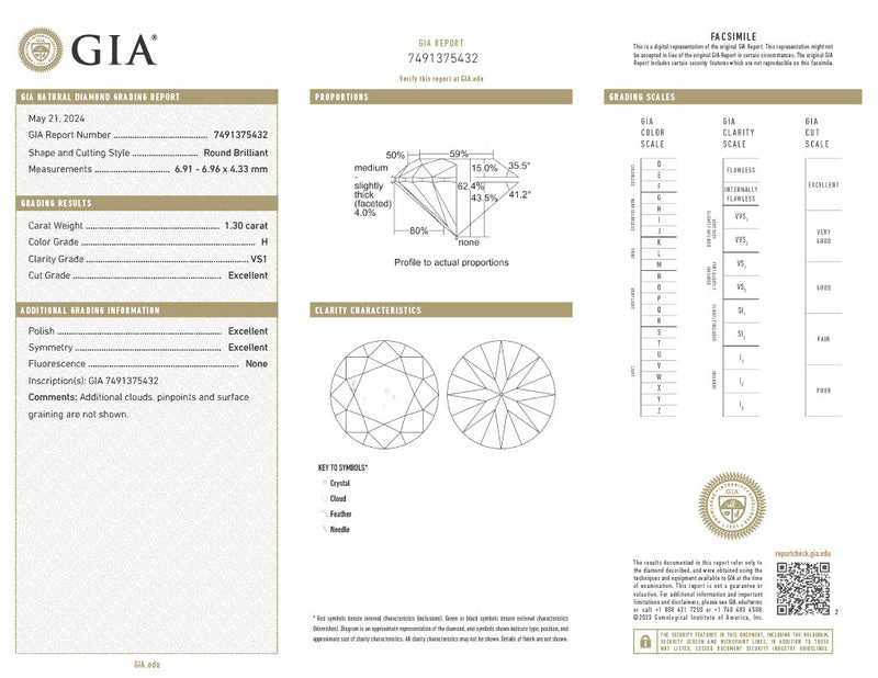 GIA grading report for 1.30ct round brilliant diamond, H color VS1 clarity, Excellent cut