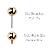 Diagram comparing 18G threadless push-pin end versus 16G 14G 12G internally threaded end on 14k gold barbell