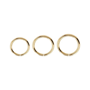 14k gold 18G seam ring set of three sizes — 5mm, 6mm, and 8mm — front view on white