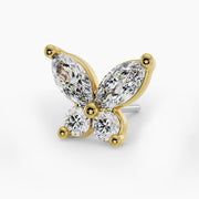 Close-up of 14k yellow gold butterfly stud end showing marquise and round diamond wing setting detail