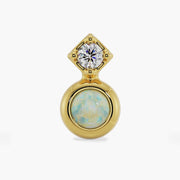 14k yellow gold opal and diamond pushpin end, straight-on front view of bezel opal and prong-set diamond