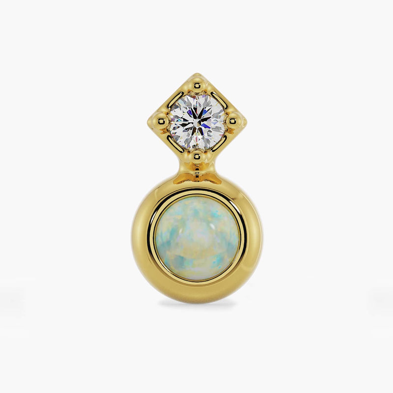 14k yellow gold opal and diamond pushpin end, straight-on front view of bezel opal and prong-set diamond