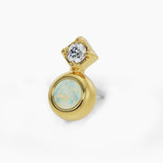 14k yellow gold opal and diamond pushpin end, angled view showing bezel opal and tilted diamond prong setting