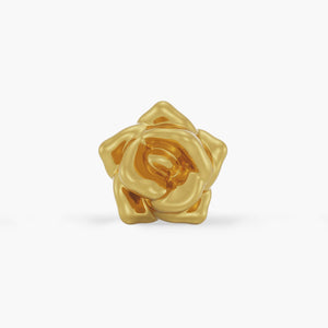 14k yellow gold rose flower threadless piercing end, front view showing sculpted petal detail