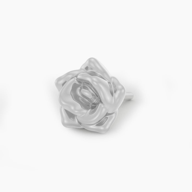 14k white gold rose flower threadless piercing end, angled view showing sculpted petal design