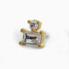 14k yellow gold threadless stud end with round and baguette diamonds, angled view