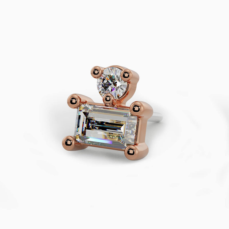 14k rose gold round and baguette diamond threadless stud end, angled view