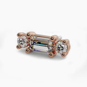 14k rose gold Eliza baguette and duo round diamond threadless stud end, angled three-quarter view