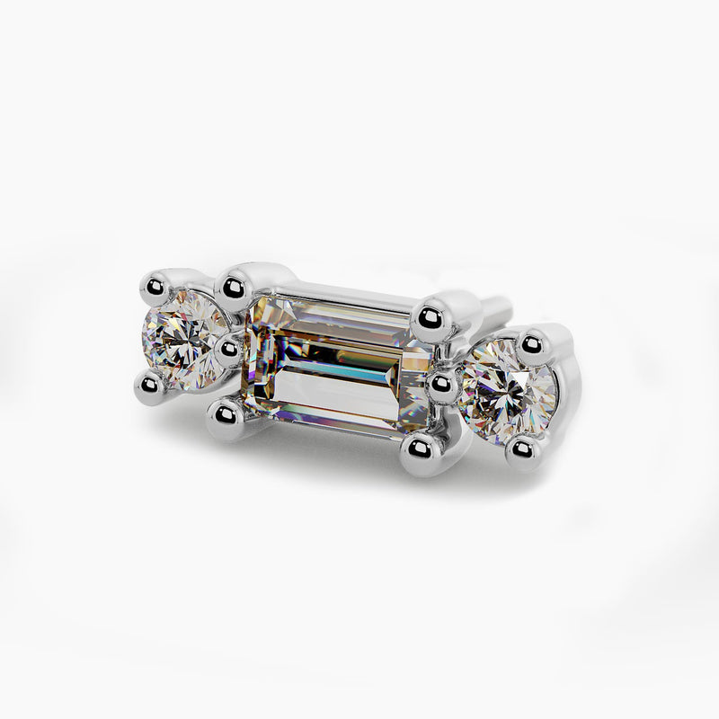 14k white gold Eliza baguette and duo round diamond threadless stud end, angled side view