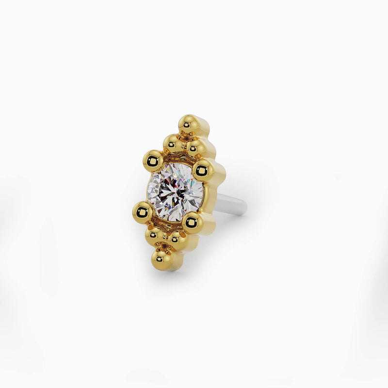 14k yellow gold Bali Blossom diamond threadless end, angled view showing diamond brilliance and bead detail