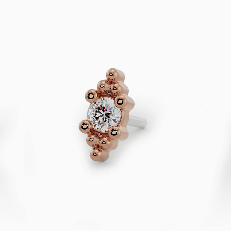 14k rose gold Bali Blossom diamond threadless end with beaded surround, angled side view