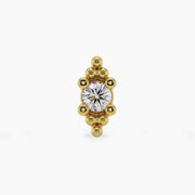 14k yellow gold Bali Blossom diamond pushpin end, straight-on front view showing beaded surround