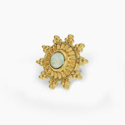 14k yellow gold genuine opal sunburst threadless end, angled view showing bezel setting depth