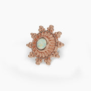 14k rose gold genuine opal sunburst threadless stud end, angled view showing warm metal tone