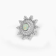 14k white gold genuine opal sunburst threadless stud end, angled view of sunray design