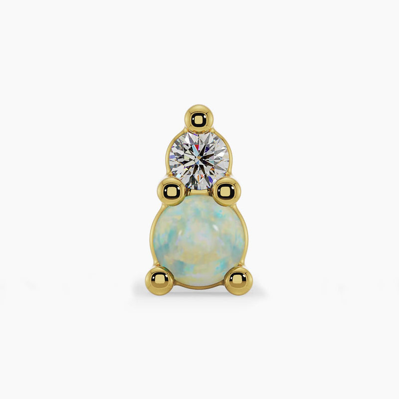 14k yellow gold Venus and Mars threadless end, front view showing round opal below VS1 diamond