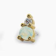 14k yellow gold threadless stud end with opal and diamond, angled side view showing ball prong setting