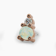 14k rose gold threadless stud end with iridescent opal and diamond, angled side view
