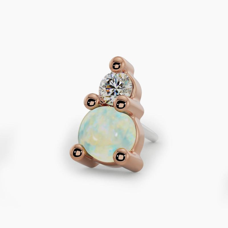 14k rose gold threadless stud end with iridescent opal and diamond, angled side view