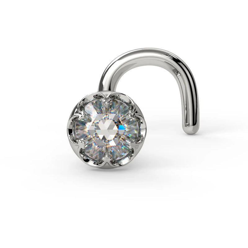 2.5mm Reina Rose Cut Diamond Nose Ring in 14K White Gold with crown-set Rose Cut Diamond - for nostril piercings