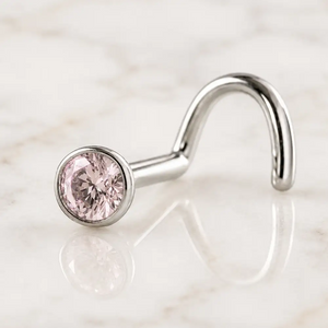 2.5mm pink diamond bezel nose ring in solid 14k gold - for nostril piercings