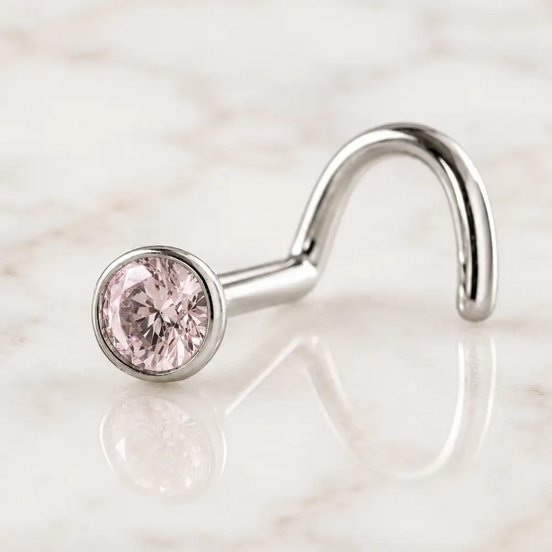 2.5mm pink diamond bezel nose ring in solid 14k gold - for nostril piercings