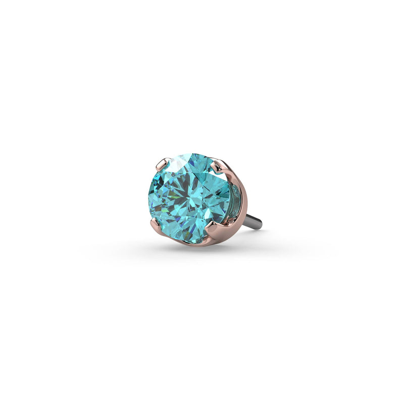 14k rose gold 2mm aqua diamond prong labret end only, angled view highlighting four-prong setting