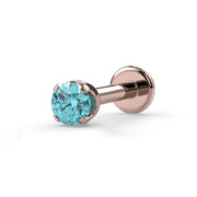 14k rose gold 2mm aqua diamond prong flat back labret stud, angled view showing disc backing
