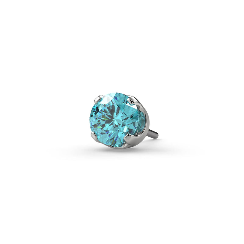 14k white gold 2mm aqua diamond labret end only, front view showing four-prong setting detail