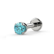 14k white gold 2mm aqua diamond prong flat back labret stud, angled view showing disc backing