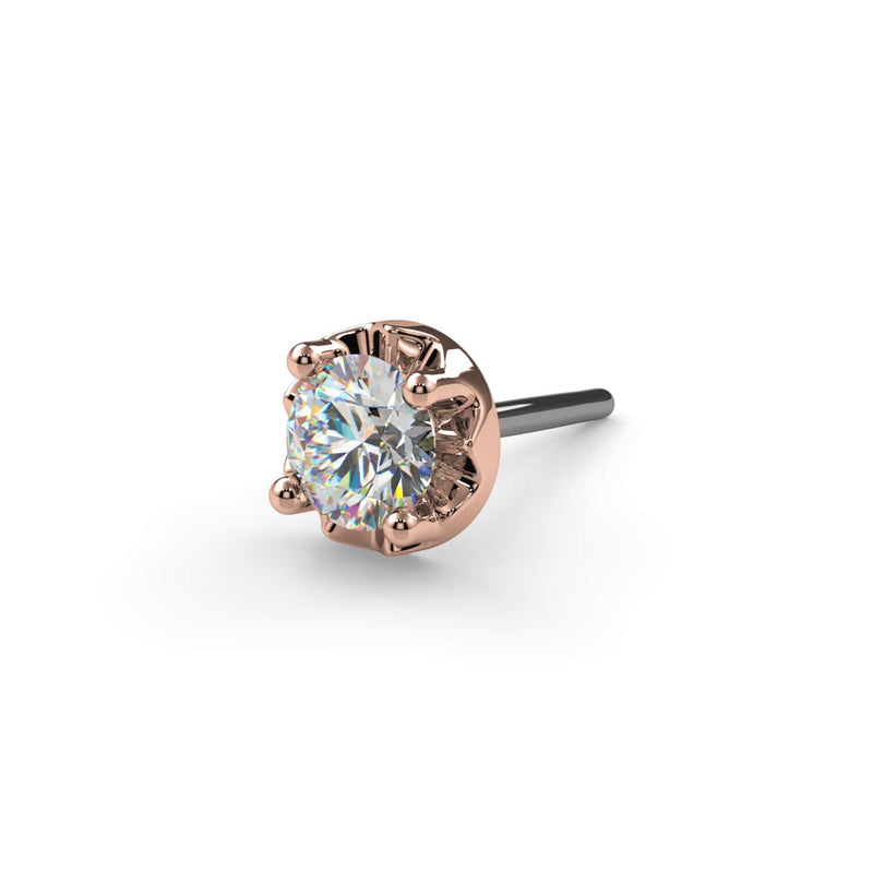 Close-up of 2mm VS1 diamond in illusion setting on 14k rose gold threadless push-pin end, top view