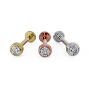 CZ bezel-set flat back labret in 14k yellow gold, rose gold, and white gold, all three options shown