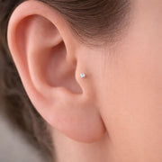 2.5mm diamond bezel flat back stud worn in tragus piercing, showing dainty low-profile fit