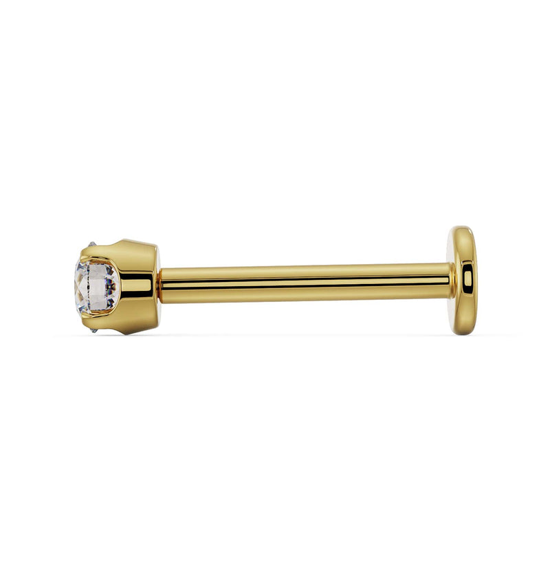 Side profile of 14k yellow gold flat back labret showing post length and flat disc backing