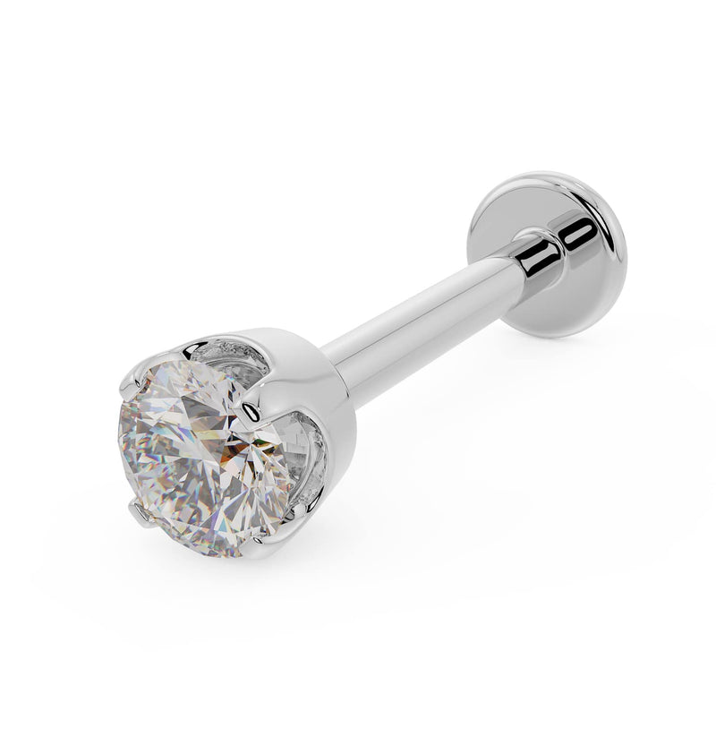 14k white gold 2.5mm diamond flat back labret stud with basket prong setting, angled front view