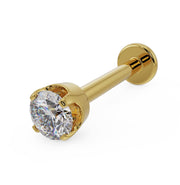 14k yellow gold 2.5mm diamond flat back labret stud with high basket prong setting, angled view