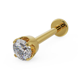 14k yellow gold 2.5mm diamond flat back labret stud with high basket prong setting, angled view