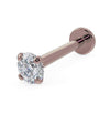 14k rose gold flat back labret with 2.5mm diamond in four-prong martini setting, angled view