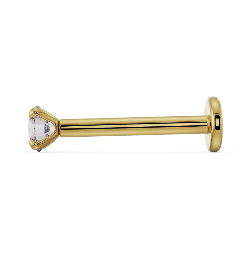 Side profile of 14k yellow gold diamond flat back labret showing post length and flat disc backing