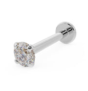 14k white gold flat back labret with 2.5mm diamond in four-prong martini setting, angled view
