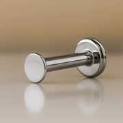 14K white gold 2.5mm disc flat back labret stud, angled view showing post and flat disc backing