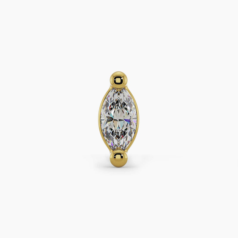 14k yellow gold marquise diamond nose ring end, front view showing two-prong setting and stone detail
